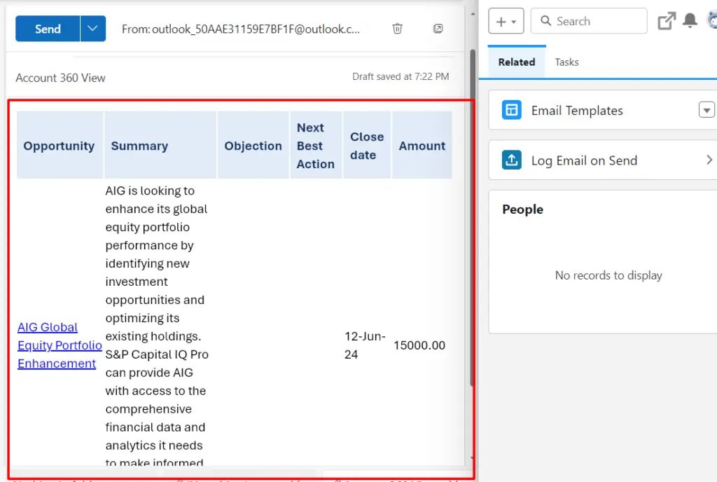 Salesforce extension within Outlook showcasing detailed opportunity information for AIG Global Equity Portfolio Enhancement.