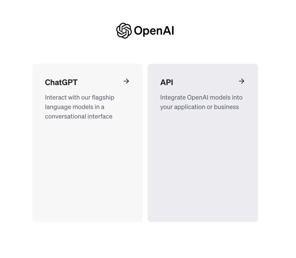 Two option cards for OpenAI services: ChatGPT and API integration.