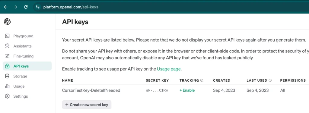 OpenAI platform's API keys management page with a warning on the confidentiality of API keys.