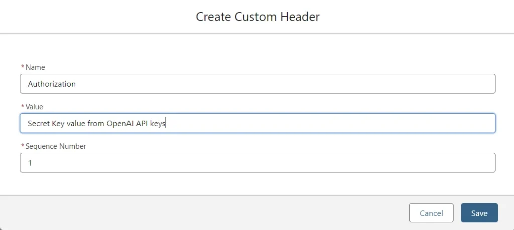 A form for creating a custom header with pre-filled fields for authorization and sequence number.