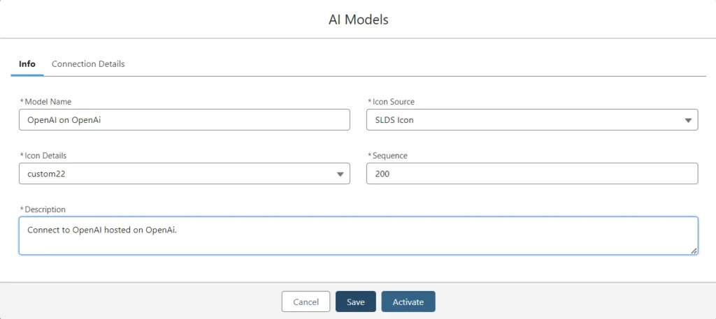 Configuration form for an AI model with fields for model name, icon details, and description.