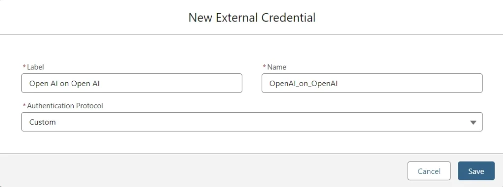 Form fields for creating a new external credential with label and name fields completed