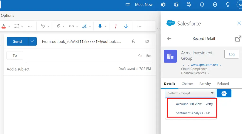 Outlook email interface enhanced with Salesforce, displaying options for account-specific actions like 'Account 360 View