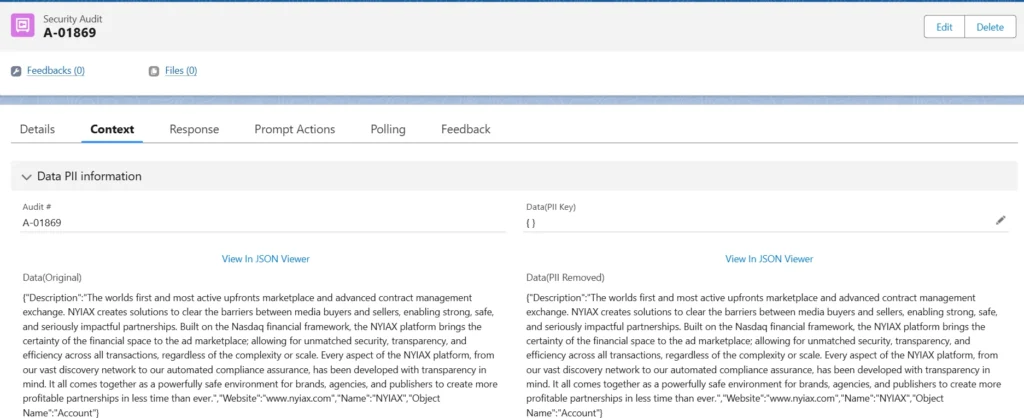 Screenshot of the GPTfy Security Audit page displaying Data PII Information with original data, PII-removed data, and JSON Viewer options