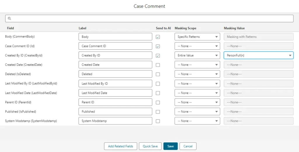 A configuration table for data masking fields in a case comment module.