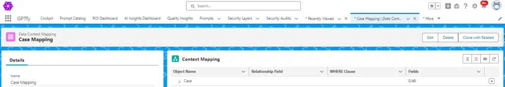 Screenshot of the GPTfy platform's Data Context Mapping page for a 'Case Mapping'.