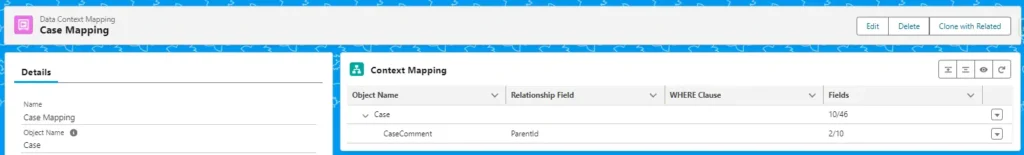 User interface showing a detailed view of 'Case Mapping' with a relationship field set to 'CaseComment