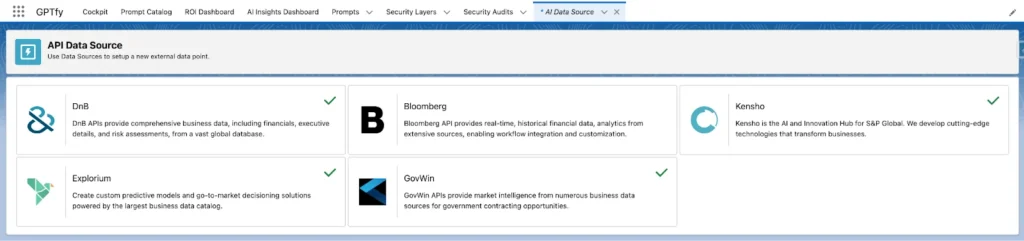 A selection of API Data Sources available in the GPTfy platform interface