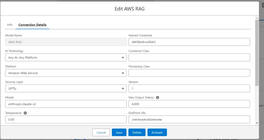 Details panel for setting up AWS RAG connection parameters in the GPTfy platform