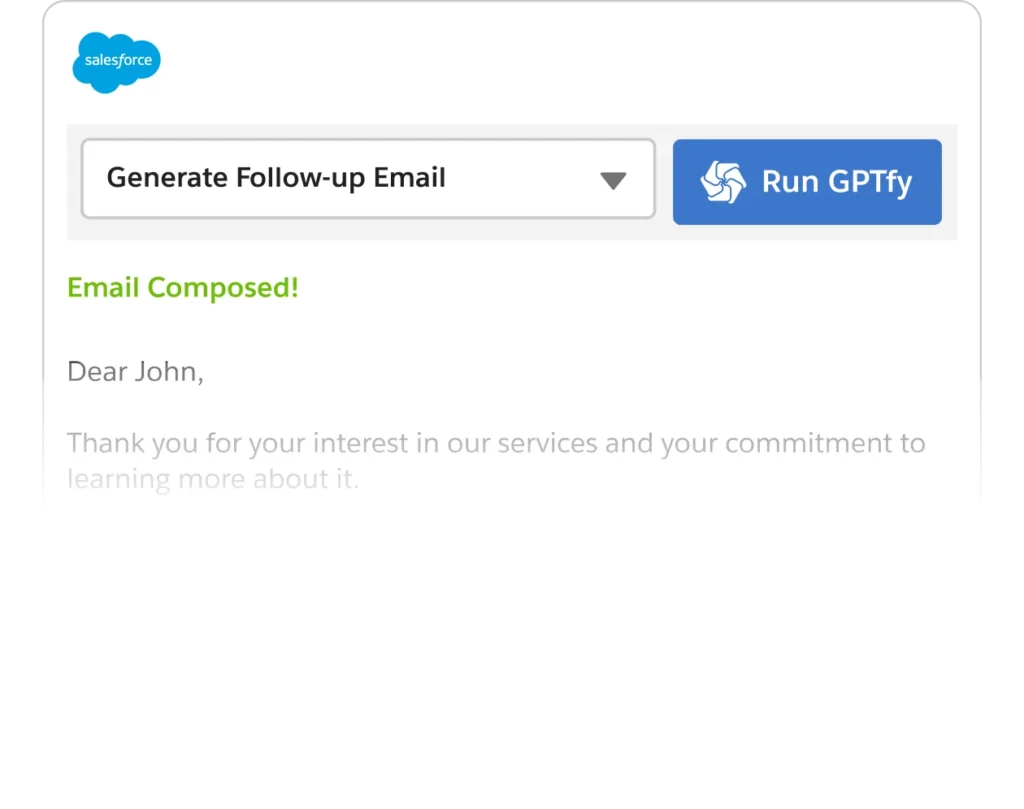 Screenshot of GPTfy AI's email composition tool, with a sample follow-up email addressed to John.