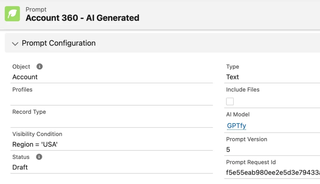 GPTfy interface showing the configuration for the 'Account 360 - AI Generated