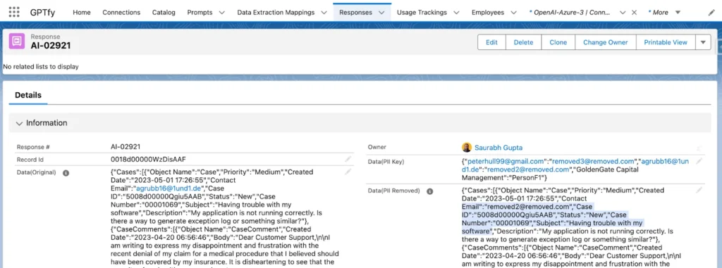 Screenshot of a GPTfy response record detailing customer support interactions.