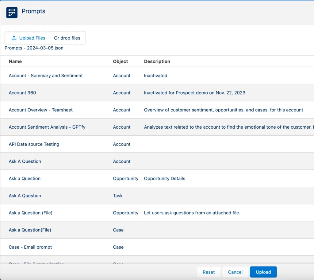 Salesforce interface showing a list of AI prompts ready for upload