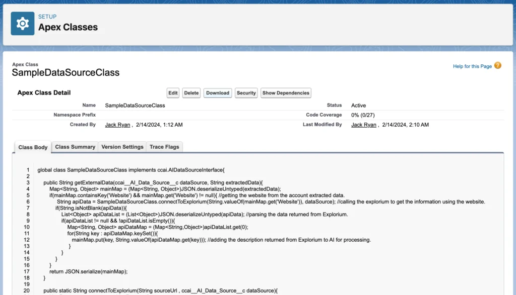 Screenshot of the Salesforce setup page displaying the details of an Apex class named SampleDataSourceClass