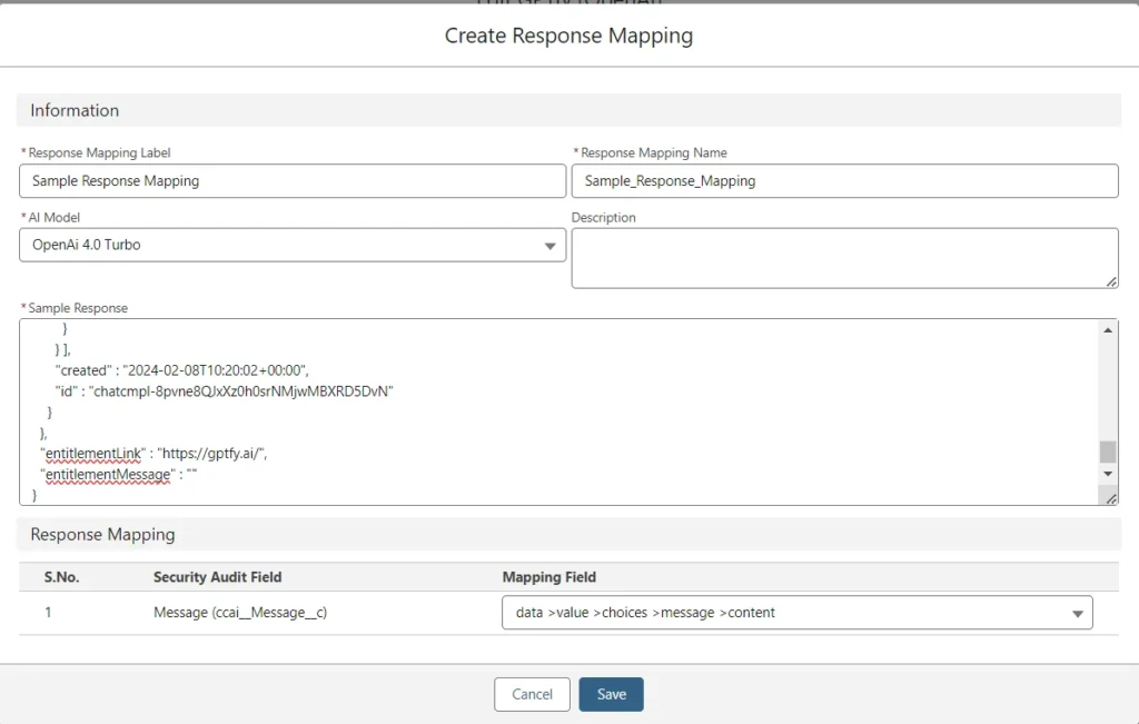 Web interface for creating response mapping with a sample response and fields for mapping configurations.