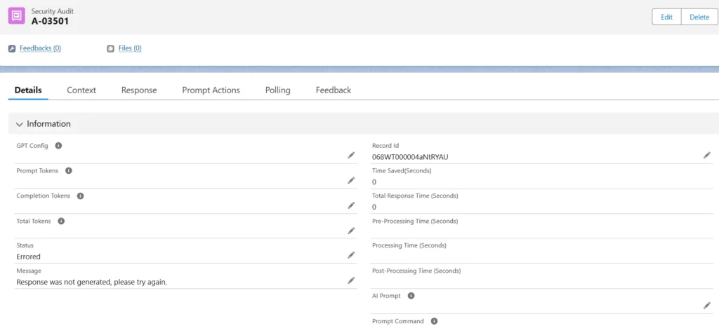 Screenshot of a security audit record in GPTfy showing details such as GPT config, prompt tokens, total tokens, and error status with a message.