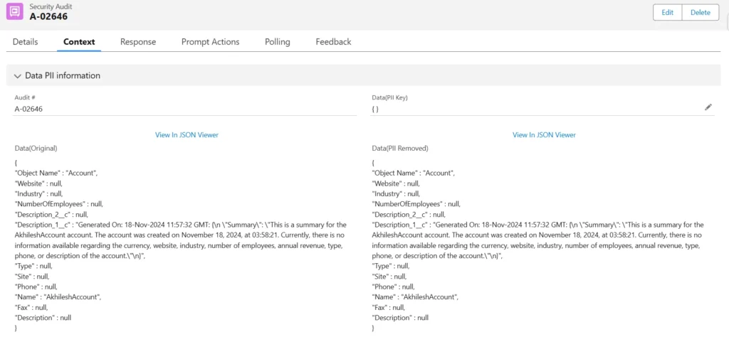 Screenshot of the Security Audit interface in GPTfy, showing original and PII-removed data for an account object, along with context and JSON view options.