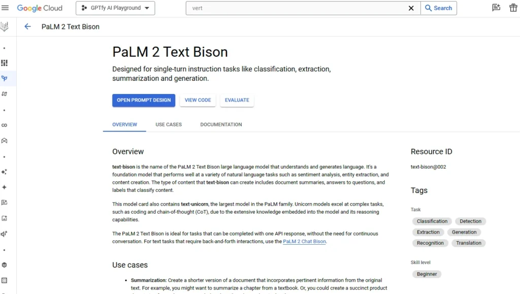 A detailed description page for the 'PaLM 2 Text Bison' language model on the Google Cloud platform.