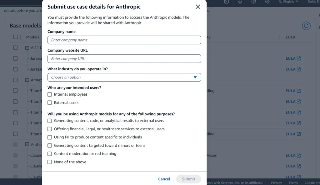 Submit use case details for Anthropic,' requesting company information and intended use of AI models.