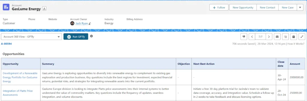 Screenshot of the Salesforce account interface for GasLume Energy, showing details such as Account Owner, Industry, Billing Address, and the GPTfy Console button.