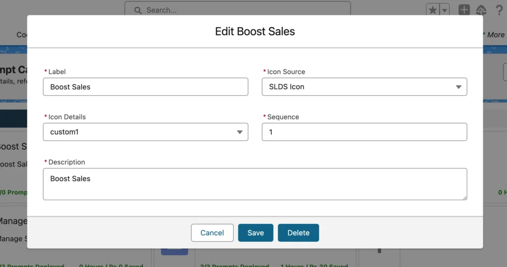 A dialog box for editing the 'Boost Sales' prompt details with fields for label, icon source, icon details, sequence, and description.