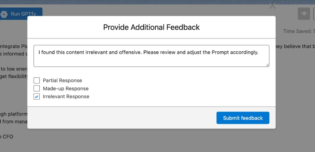 Feedback popup on the GPTfy platform indicating irrelevant and offensive content that needs review.