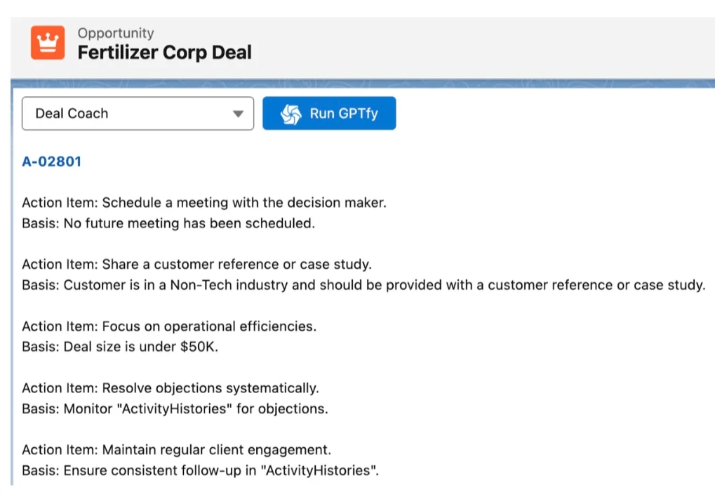 Interface snippet of GPTfy Deal Coach showing action items for the Fertilizer Corp deal within Salesforce.