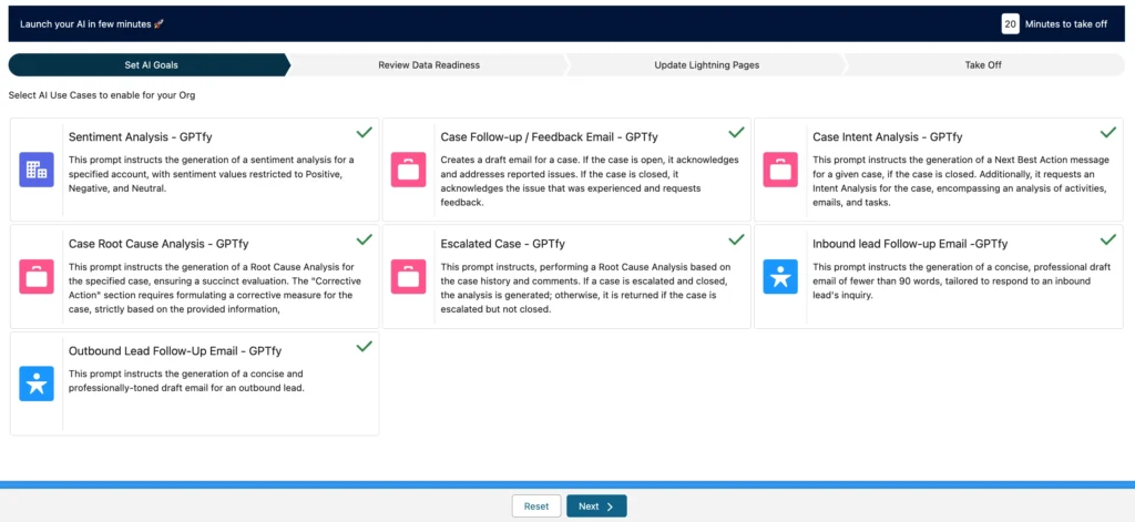 Screenshot of a configuration dashboard with various AI use cases such as sentiment analysis, case analysis, and email drafting options for the GPTfy Version 1.6 update