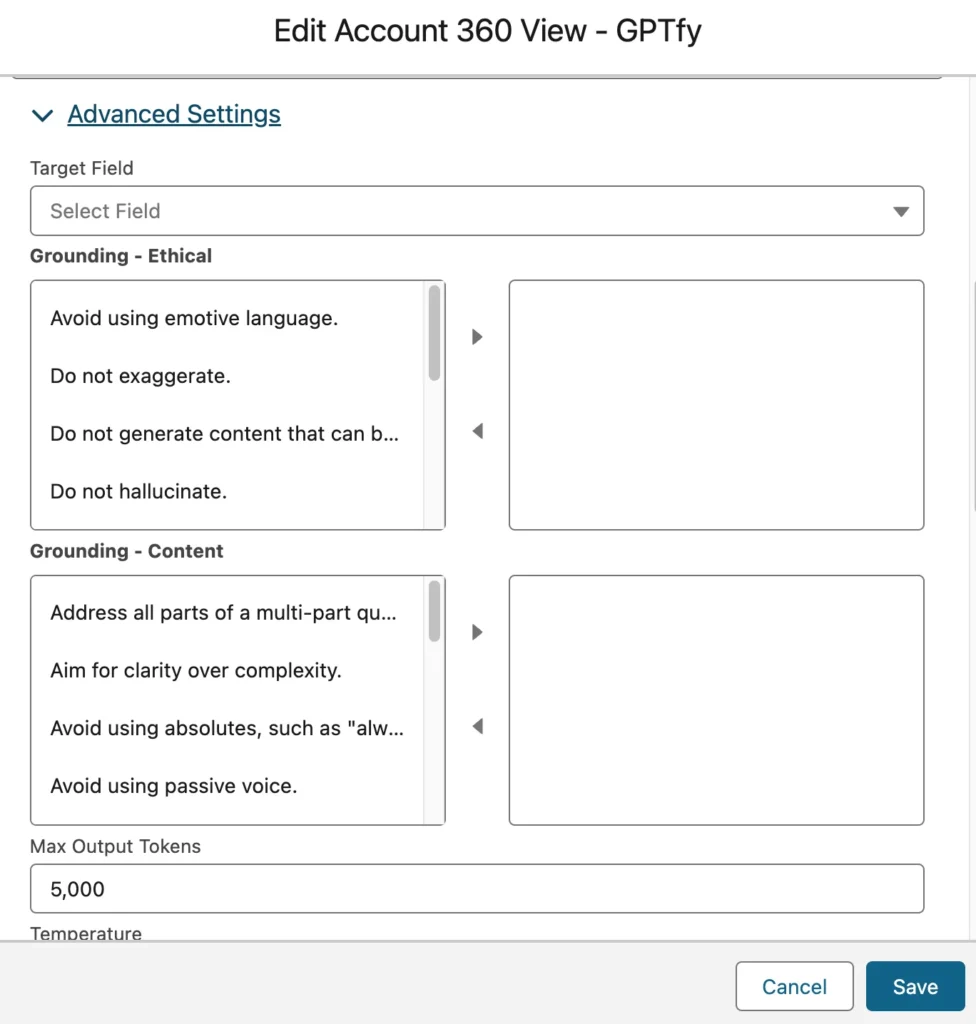 Advanced Settings tab in the 'Edit Account 360 View - GPTfy' interface showing options for ethical and content grounding of prompts