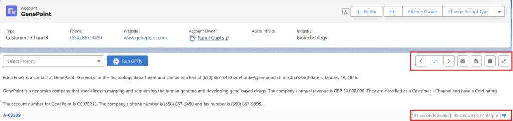 Screenshot of the GPTfy Console in Salesforce with red-highlighted sections showing navigation icons and audit tracking details, including saved time and execution timestamp.