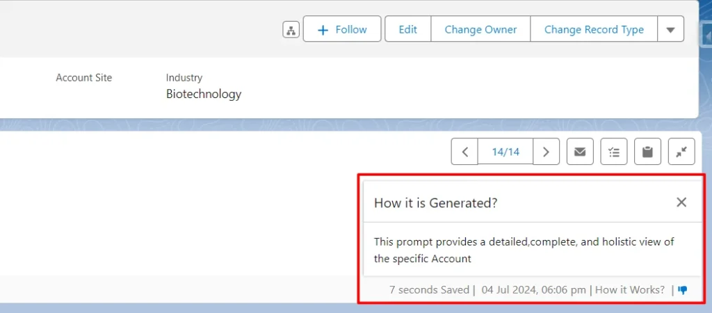 Salesforce record page displaying the "How it is Generated?" section with details about the prompt's functionality.