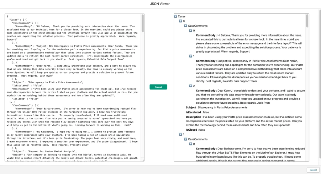 A split-screen interface showing a JSON Viewer with formatted case comments on the left and a structured presentation on the right.