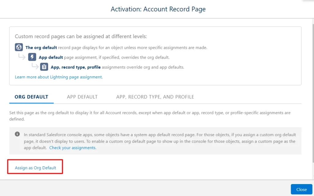 Salesforce Activation window with the 'Assign as Org Default' button highlighted.