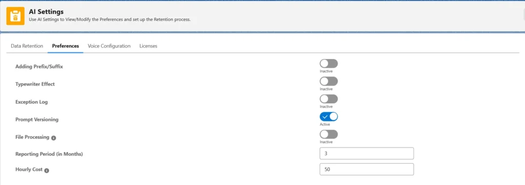 Screenshot of the GPTfy AI Settings Preferences tab showing options for settings such as adding prefix/suffix, typewriter effect, exception log, and prompt versioning.