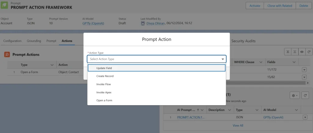 Screenshot showing the configuration of actions in the Prompt Action Framework, highlighting available action types like Update Field, Create Record, Invoke Flow, and Open a Form.