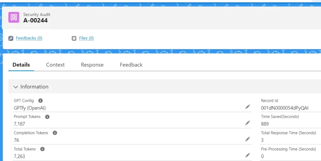 Debug log in Salesforce Developer Console showing AI response ID, actual response, status, and error message.