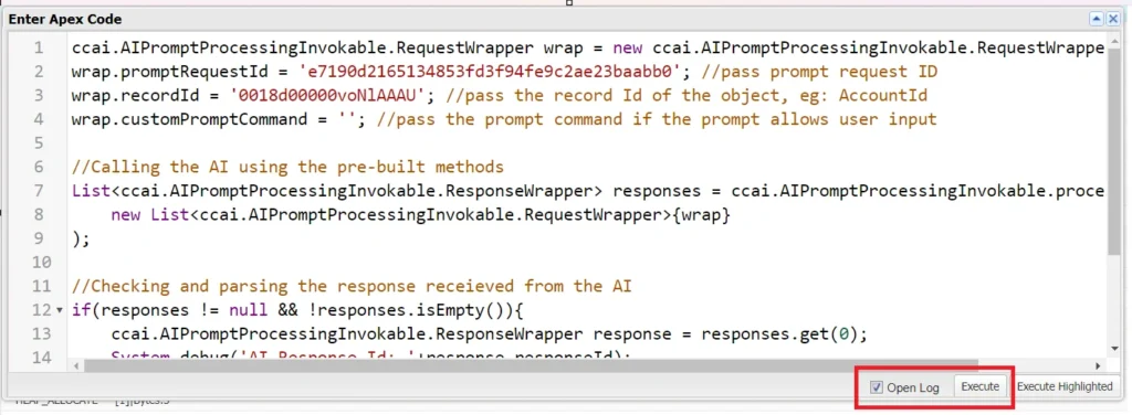 Execute Anonymous window in Salesforce Developer Console with the 'Open Log' checkbox checked and the Execute button highlighted.