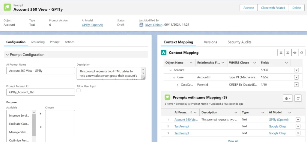 Screenshot of the GPTfy Prompt Builder interface showing prompt configuration, context mapping, and related prompts with the same mapping.