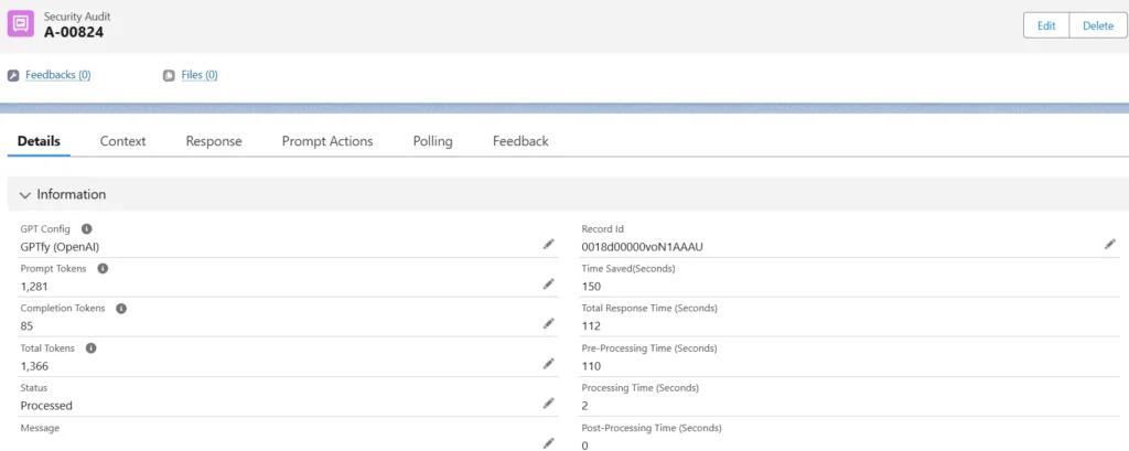 Screenshot of the GPTfy security audit record showing detailed information, including GPT Config, prompt tokens, completion tokens, total tokens, status, and processing times.