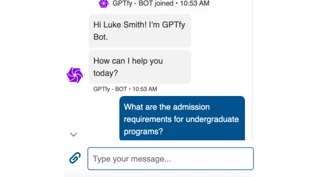 Screenshot of luke asking einstein chatbot + ai enabled by GPTfy about the admission process