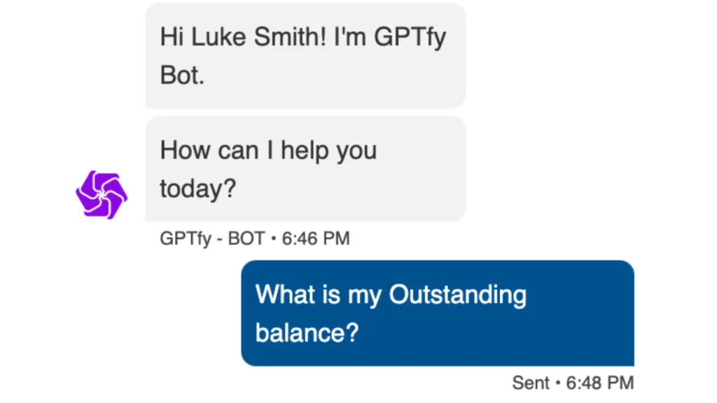 Screenshot of Luke asking Einstein Chatbot + AI enabled by GPTfy about his outstanding balance