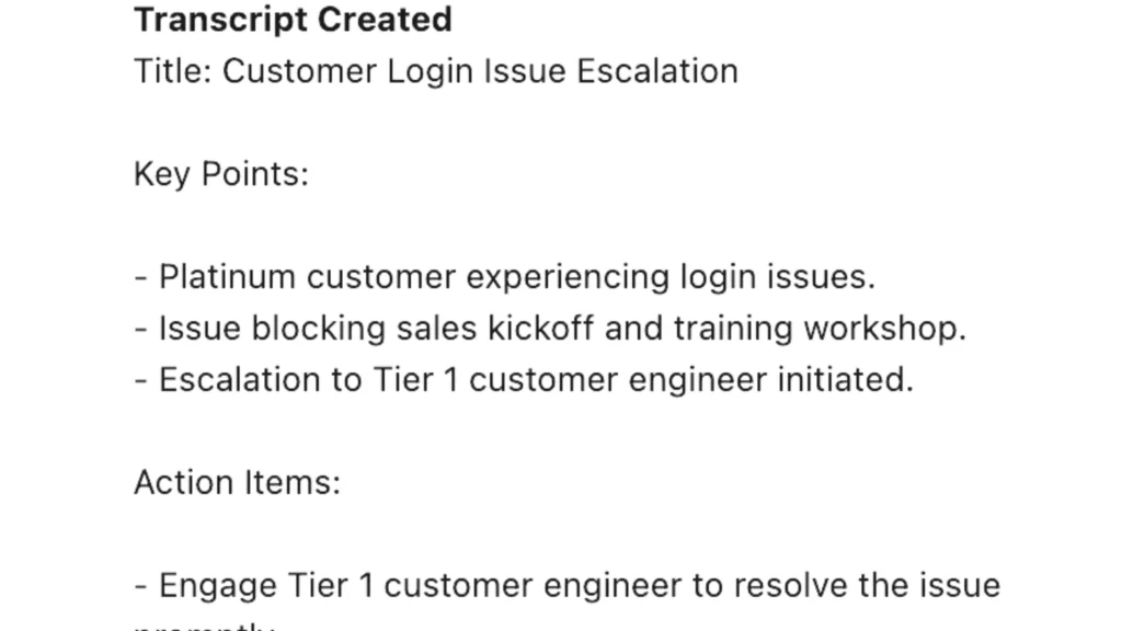 Screenshot of GPTfy creating a detailed transcript for a customer login issue escalation in Salesforce, summarizing key points and action items.