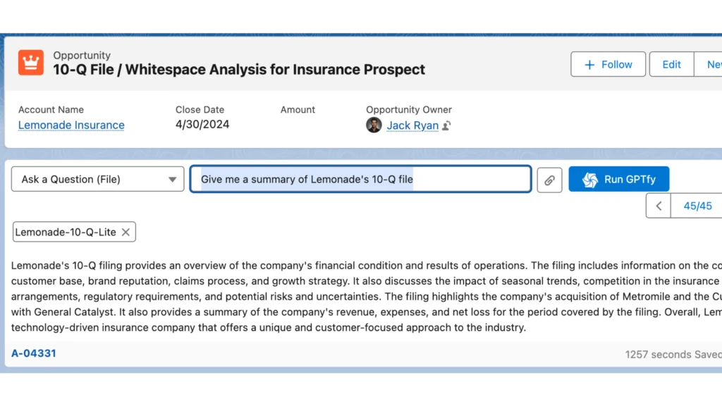 Salesforce opportunity page displaying a 10-Q file whitespace analysis for Lemonade Insurance.