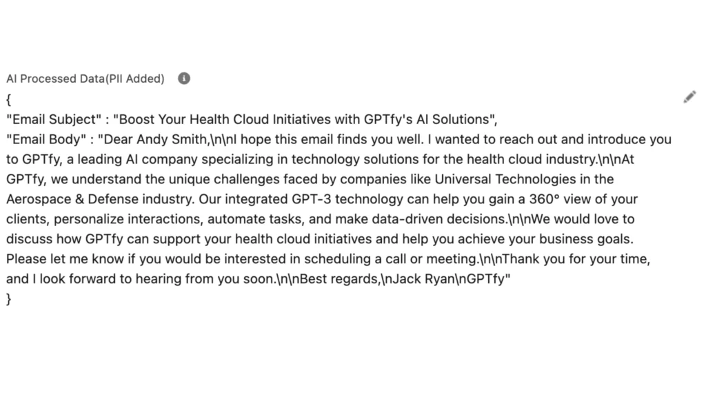 AI-generated sales email in JSON format for boosting health cloud initiatives, addressed to a lead named Andy Smith.