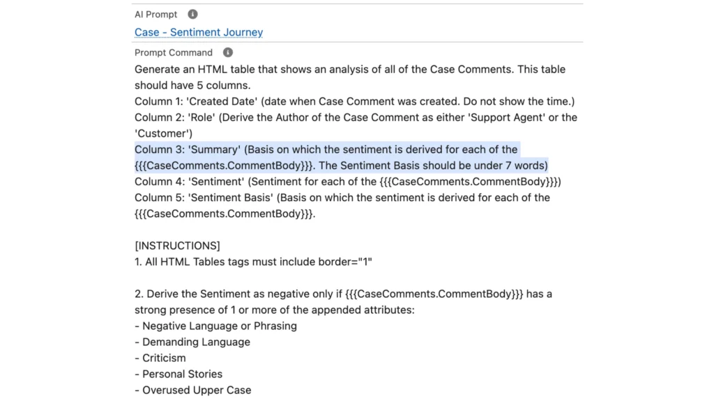 AI prompt command to generate an HTML table showing sentiment analysis for case comments.