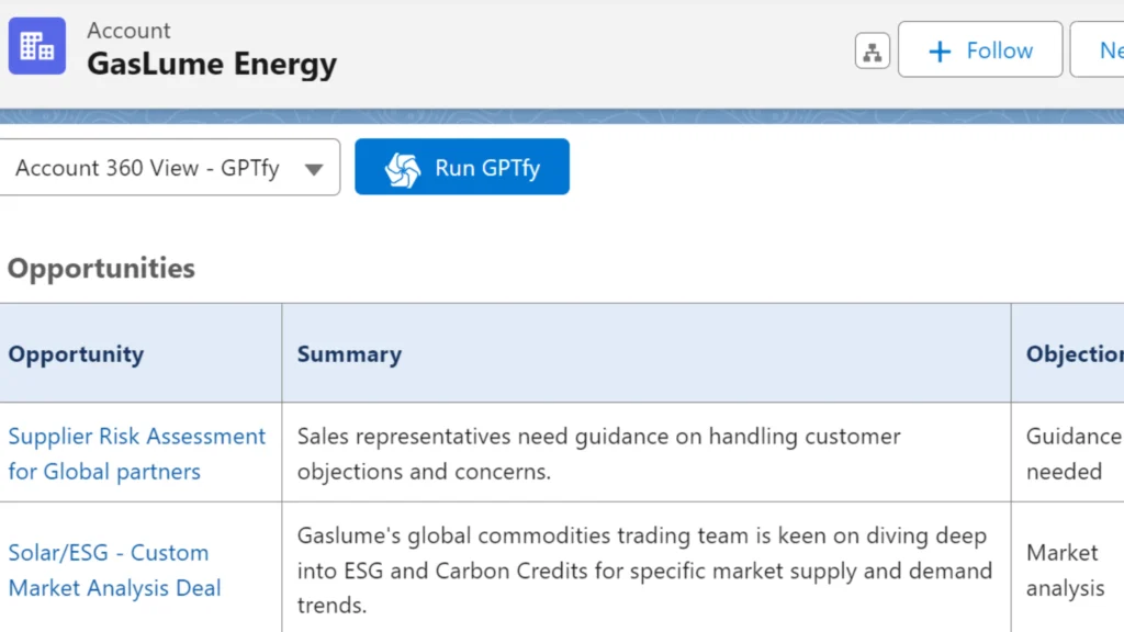 GasLume Energy Account 360 summary with opportunities related to supplier risk assessment and ESG market analysis, including objections and next steps.