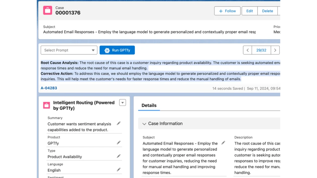 Salesforce case record with AI-generated root cause analysis and corrective action for email handling automation.