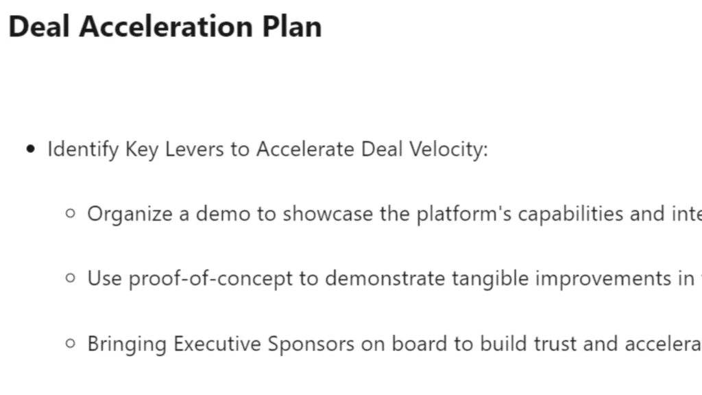 Deal acceleration plan identifying key levers to speed up deal velocity.