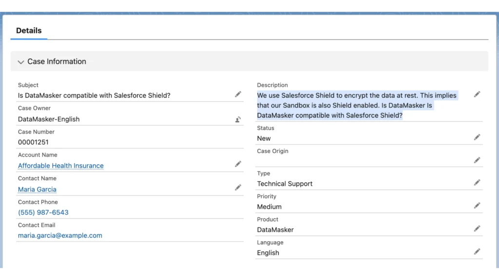 Salesforce case details showing compatibility question about DataMasker and Salesforce Shield.