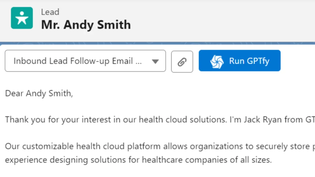 Salesforce interface showing a follow-up email to a lead named Andy Smith with the AI-powered GPTfy feature.